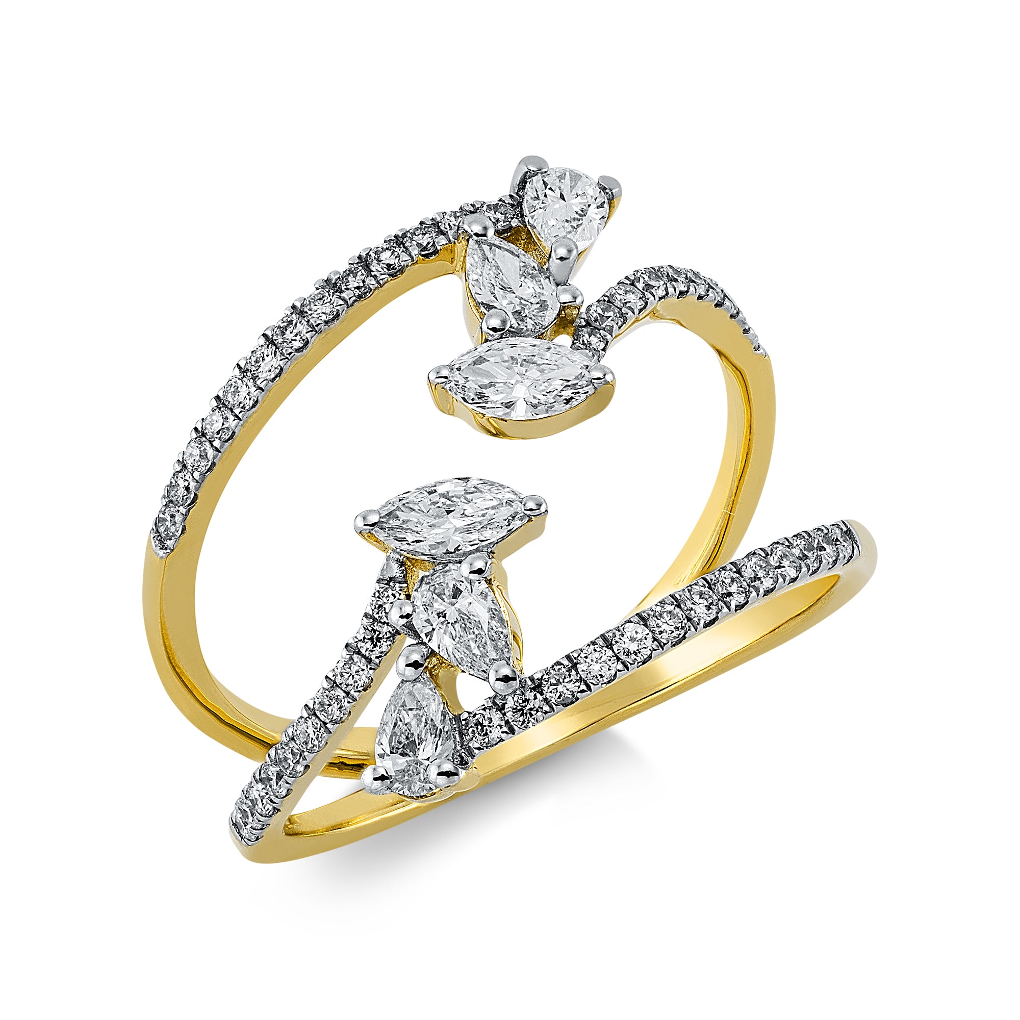 Ring - 750 Gelbgold und Tropfen, Brillanten und Navette