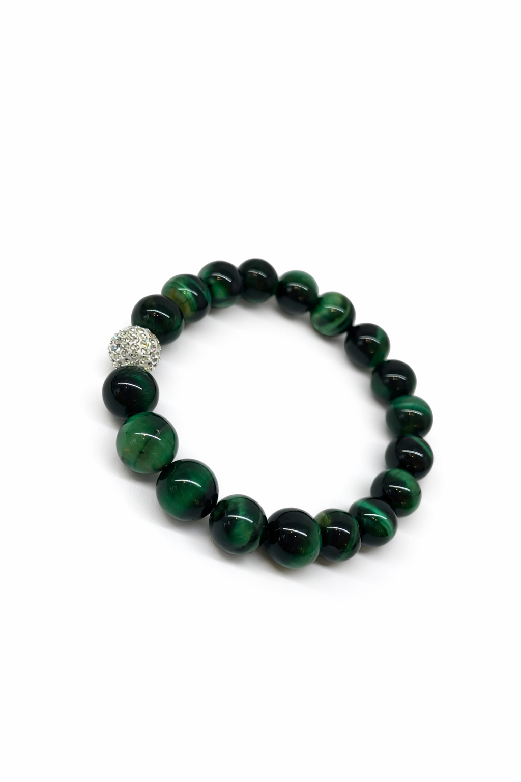 grünes Tigerauge-Zugband-Armband mit Glitzerkugel
