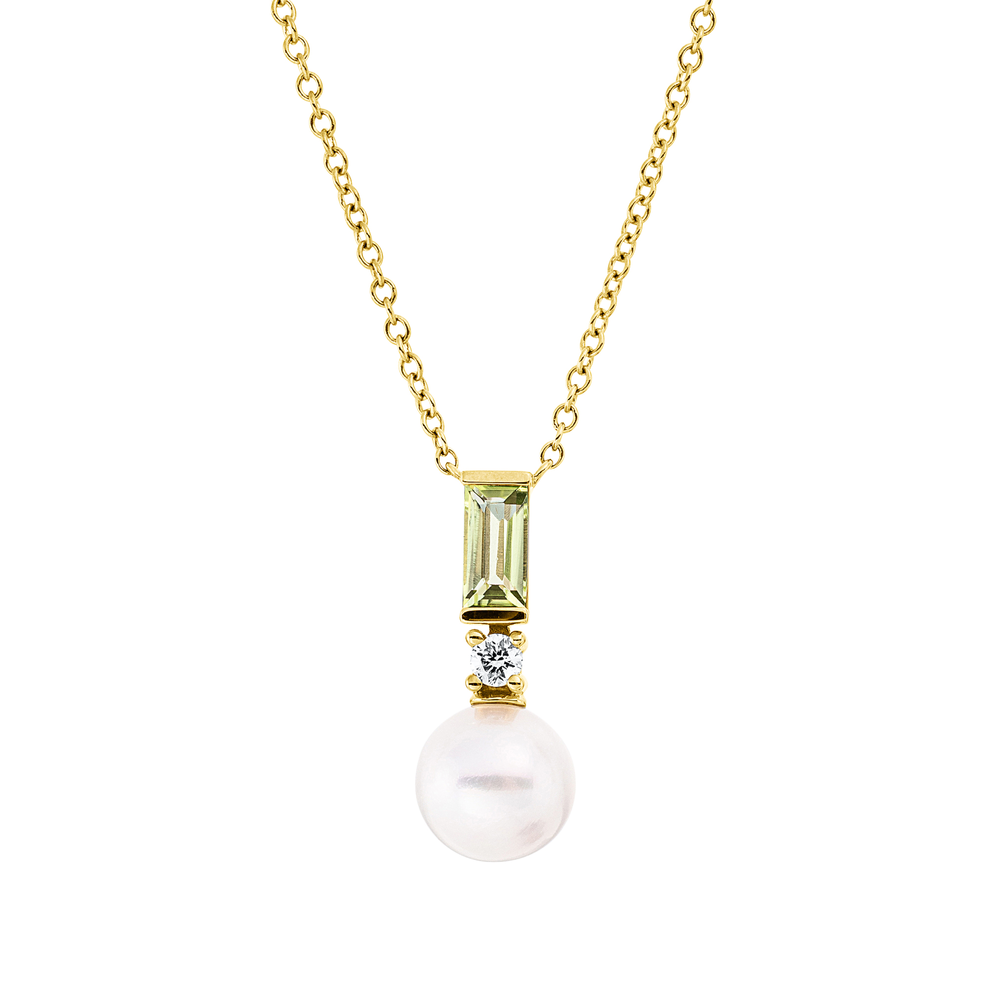 Collier - 750 Gelbgold mit Brillant, Zuchtperle und Peridot