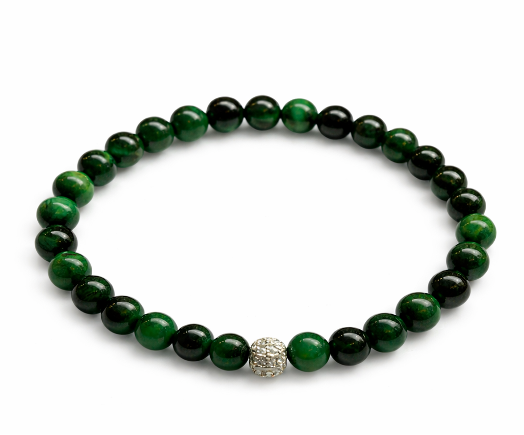 grünes Tigerauge-Zugband-Armband mit Glitzerkugel