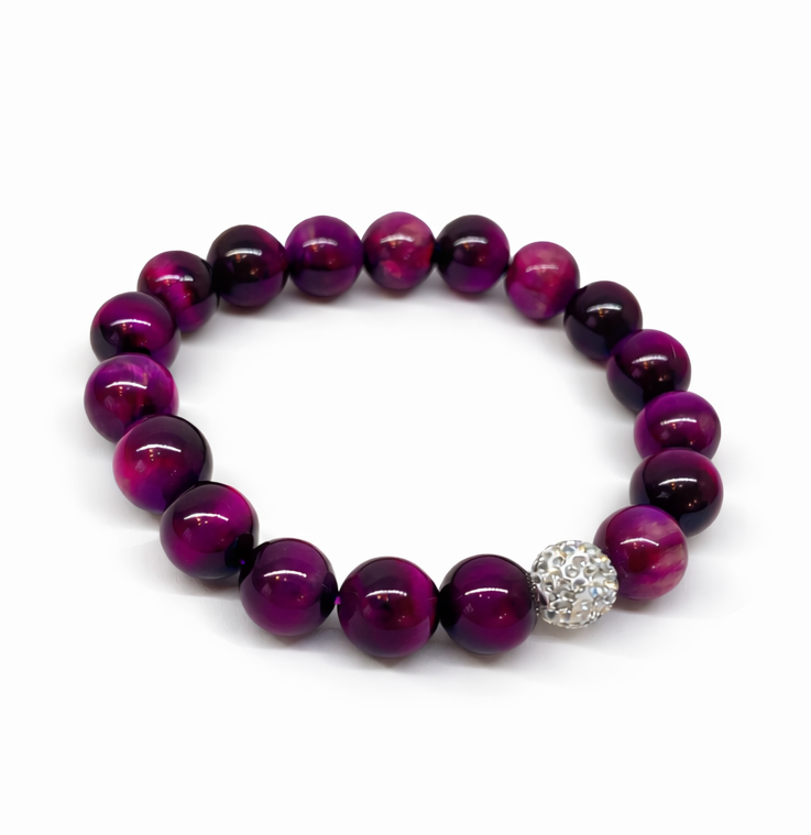 pinkes Tigerauge-Zugband-Armband mit Glitzerkugel
