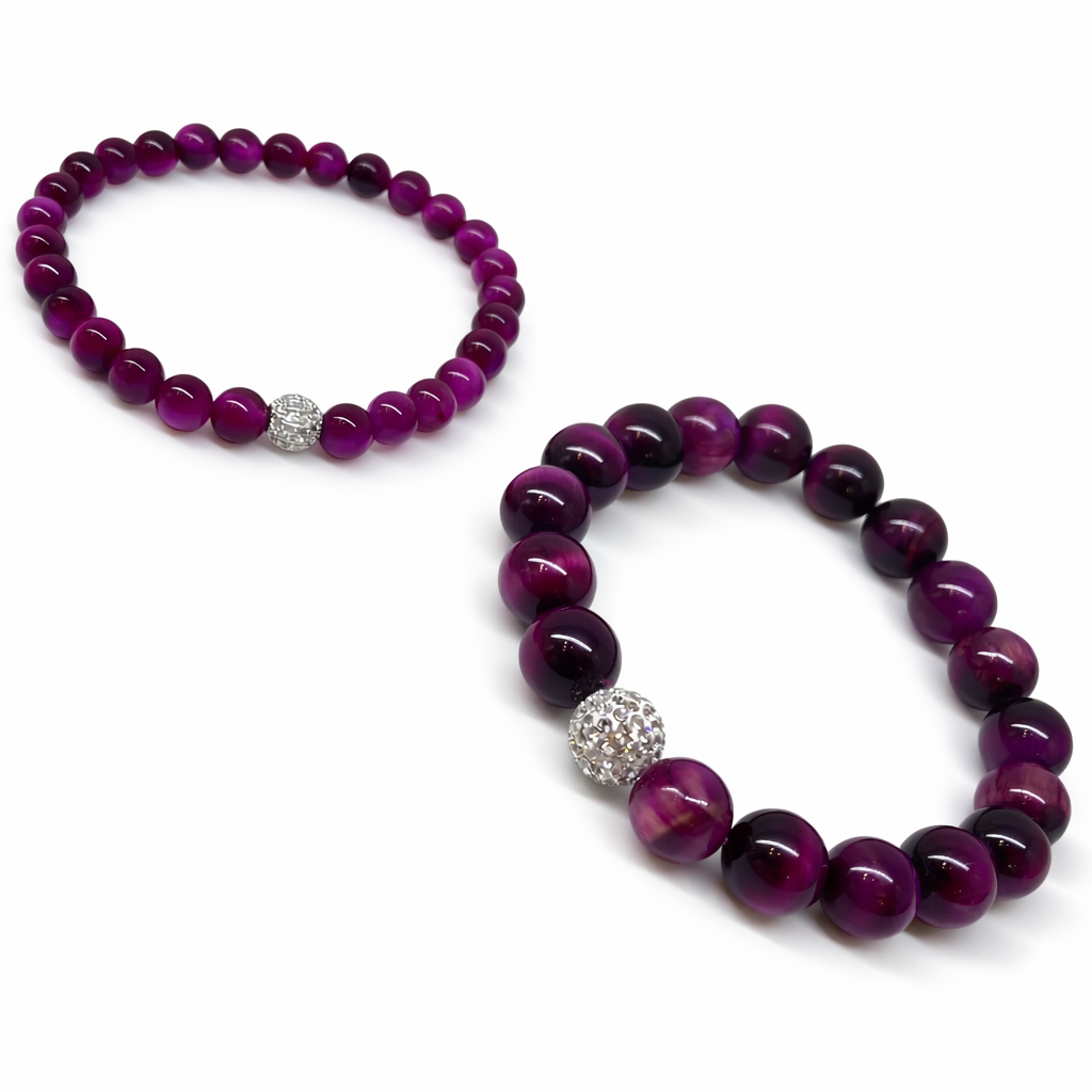 pinkes Tigerauge-Zugband-Armband mit Glitzerkugel